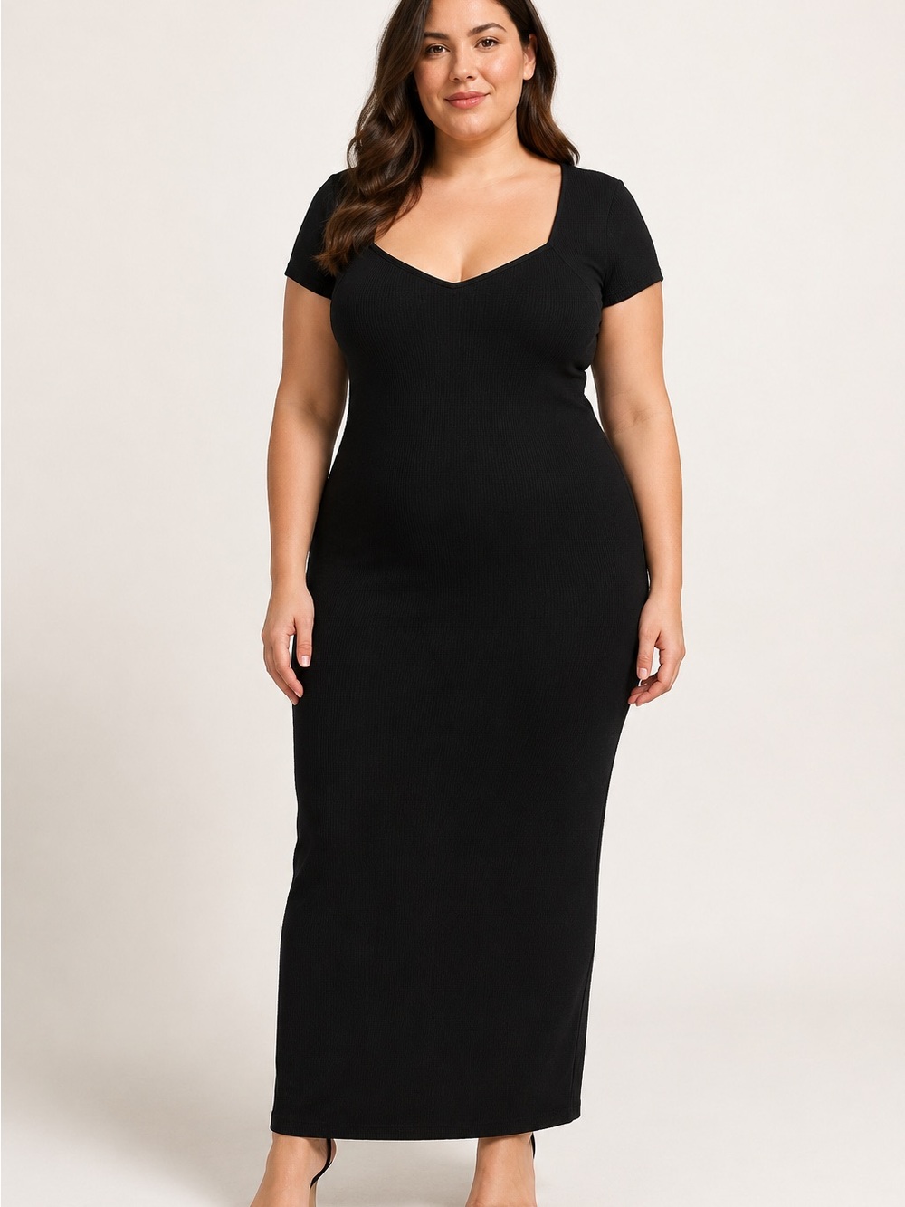 Princess Polly Black Ribbed V-Neck Bodycon Maxi Dress US 16